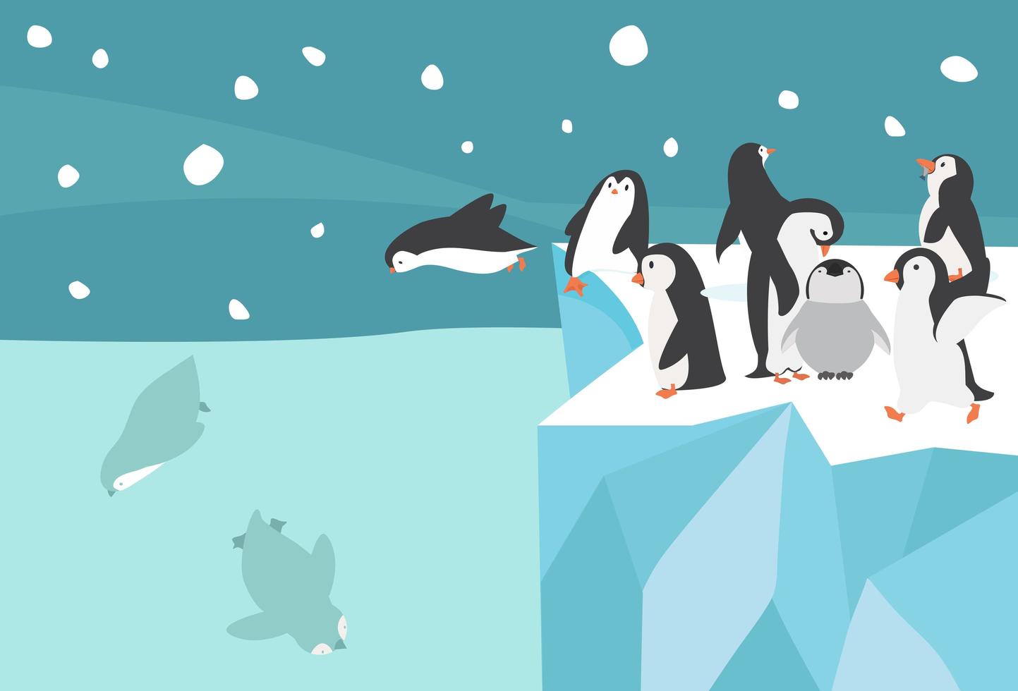 vinter nordpolen arktisk pingvin grupp liten landskap bakgrund vektor