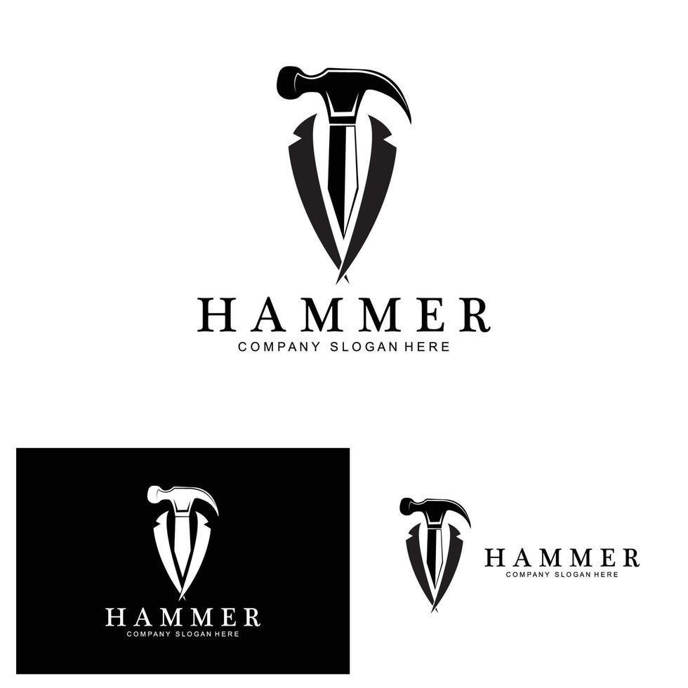 Hammer, Bauwerkzeuge und Richter-Logo-Vektorsymbol, Vintage-Retro-Design-Illustration vektor