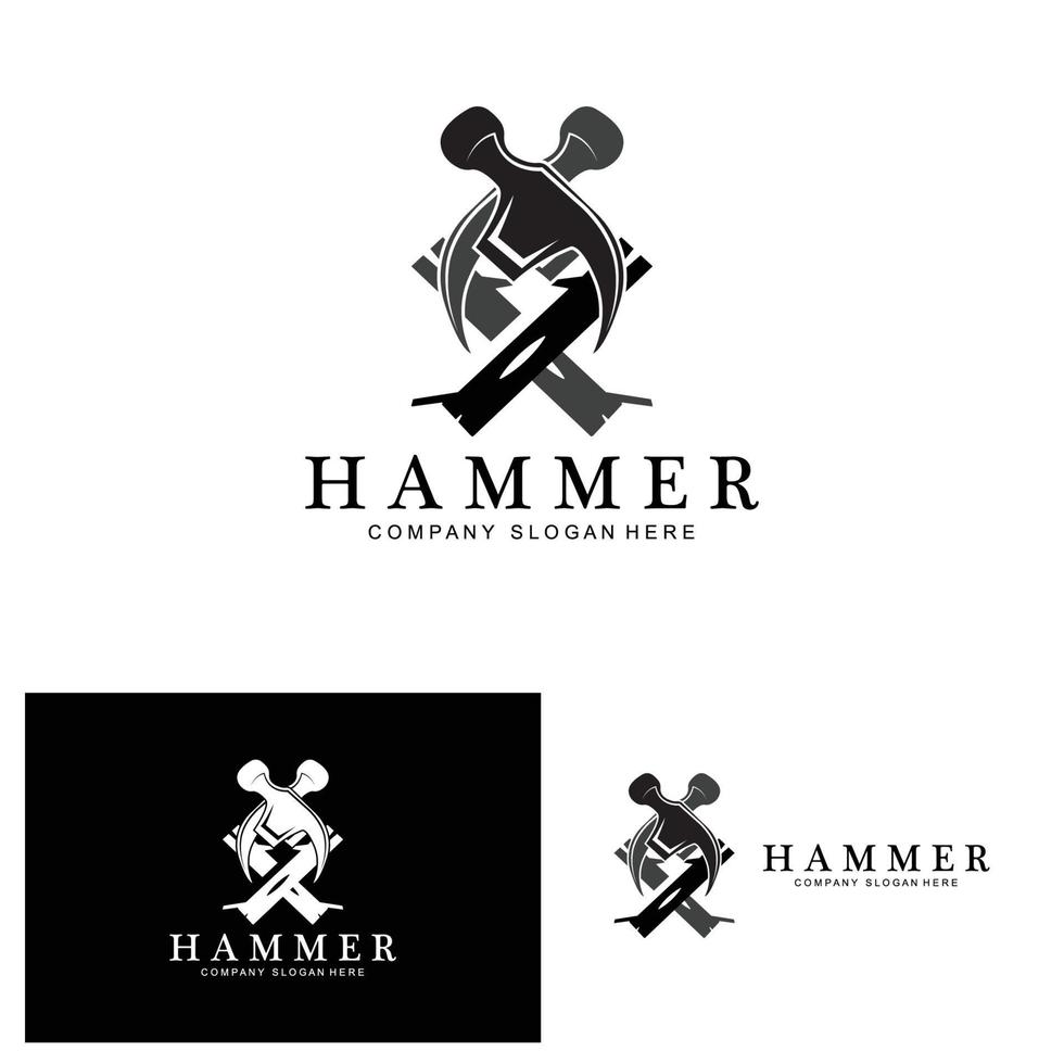 Hammer, Bauwerkzeuge und Richter-Logo-Vektorsymbol, Vintage-Retro-Design-Illustration vektor