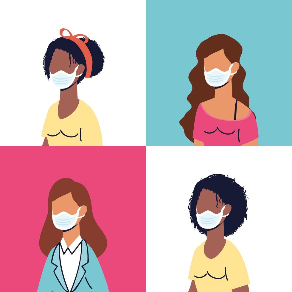 olika kvinnokaraktärer som bär ansiktsmasker vektor
