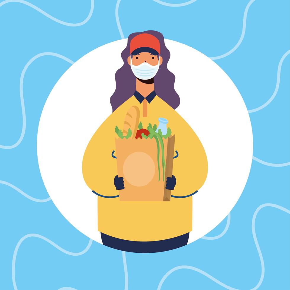 säker matleverans online med kvinnlig arbetare vektor