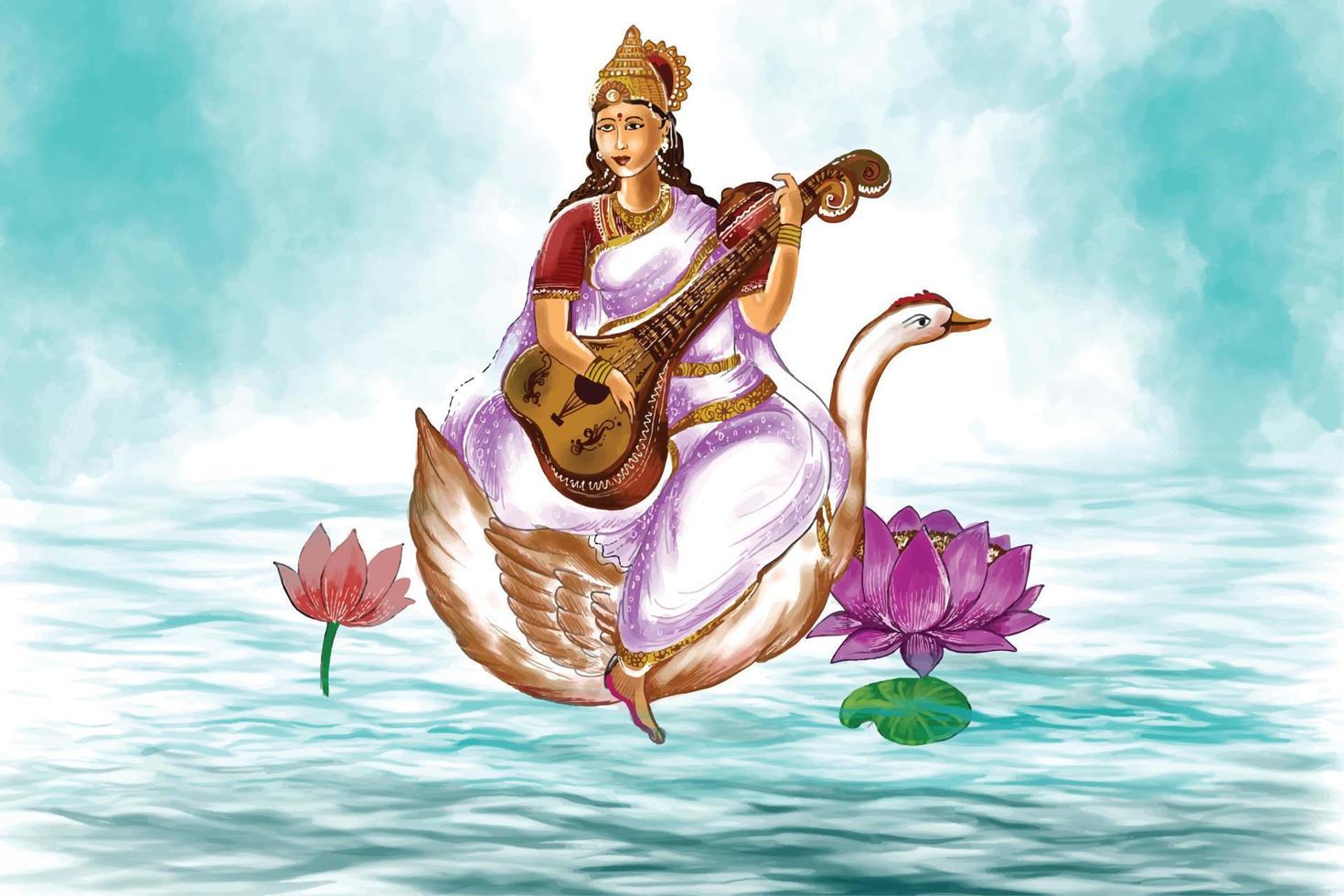 indischer gott saraswati maa auf vasant panchami religiösem festivalhintergrund vektor