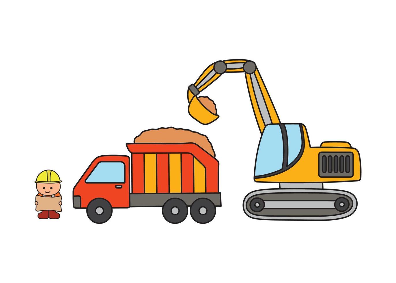 vektor illustration av hand dragen Färg barn konstruktion uppsättning dumpa lastbil med grävmaskin och konstruktion arbetstagare innehav en Karta