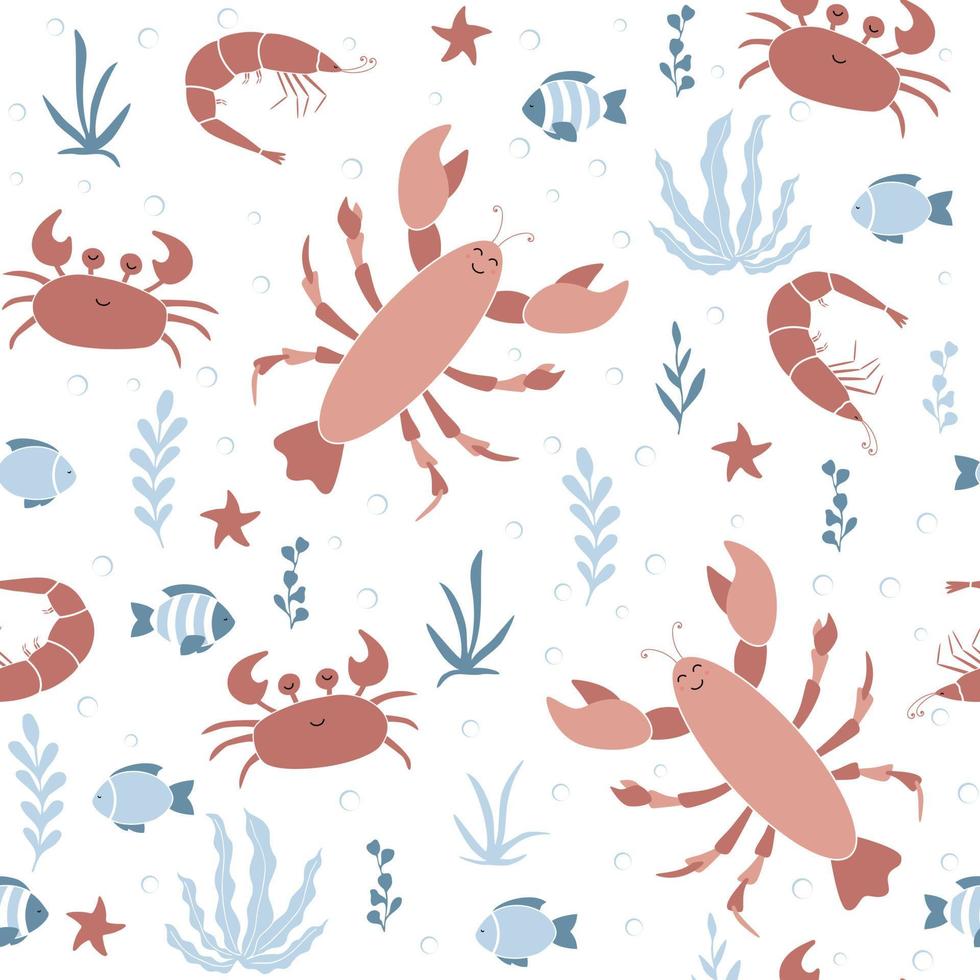 tecknad serie hummer, räkor, med alger och sjöstjärna. marin sömlös mönster vektor