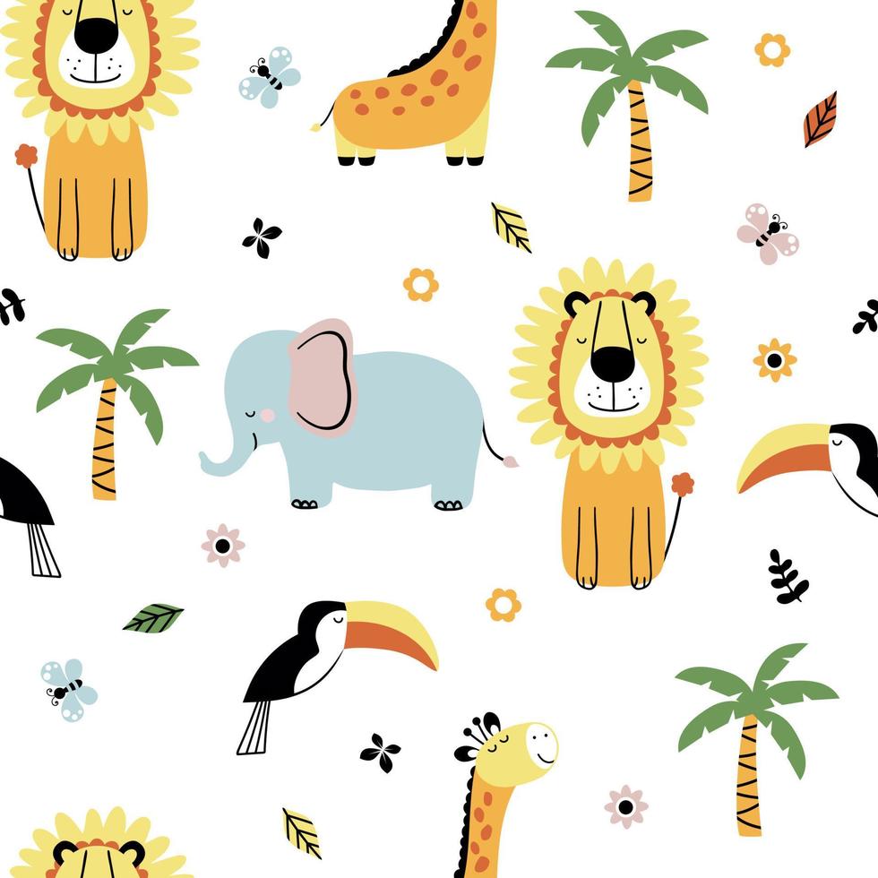 bebis sömlös vektor mönster. söt giraff, elefant, lejon, tukan, handflatan, blomma på vit bakgrund.