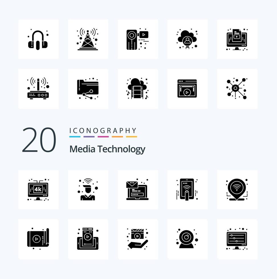 20 Medientechnologie solides Glyphen-Icon-Pack wie Touch-Hand-Benutzer-Login-Laptop vektor