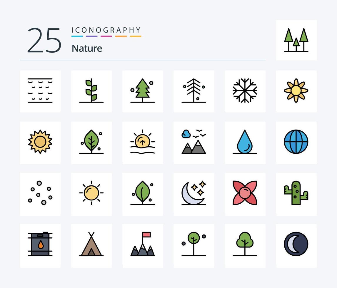 Natur 25 Zeilen gefülltes Icon Pack inklusive Ökologie. Garten. Schneeflocke. Blume. Natur vektor