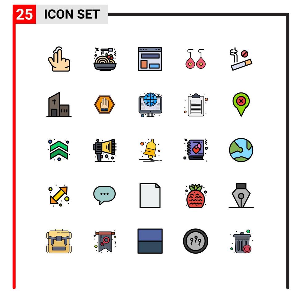25 fylld linje platt Färg begrepp för webbplatser mobil och appar rökning Nej layout hjärta örat redigerbar vektor design element