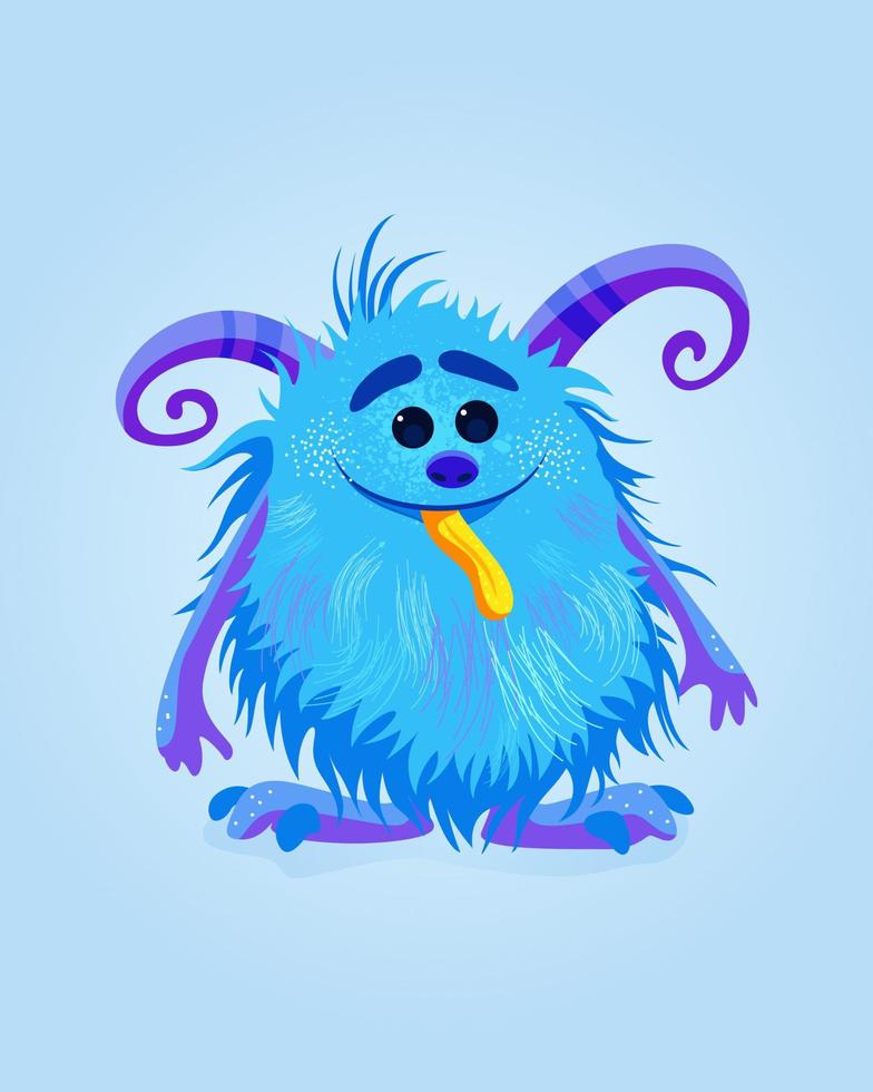 Lycklig tecknad serie monster med blå päls och horn. färgrik isolerat vektor illustration för några använda sig av.