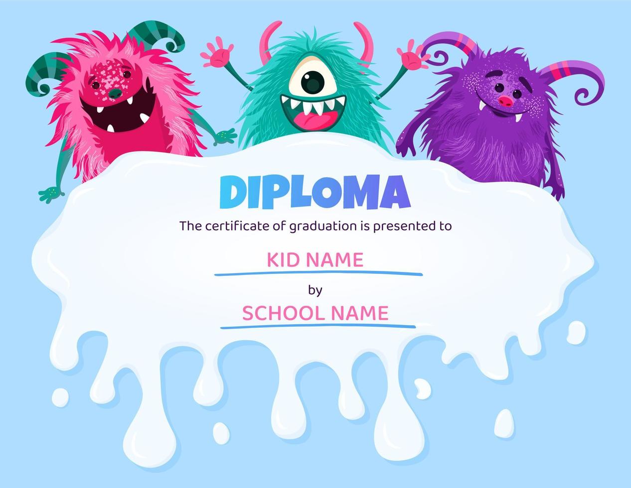 barn diplom med tecknad serie rolig monster tecken. utbildning tilldela ram mall för skola, sommar läger eller dagis certifikat. vektor certifikat med monster.