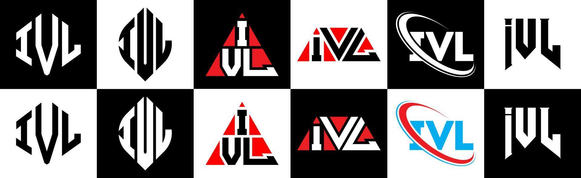 ivl brev logotyp design i sex stil. ivl polygon, cirkel, triangel, sexhörning, platt och enkel stil med svart och vit Färg variation brev logotyp uppsättning i ett rittavla. ivl minimalistisk och klassisk logotyp vektor