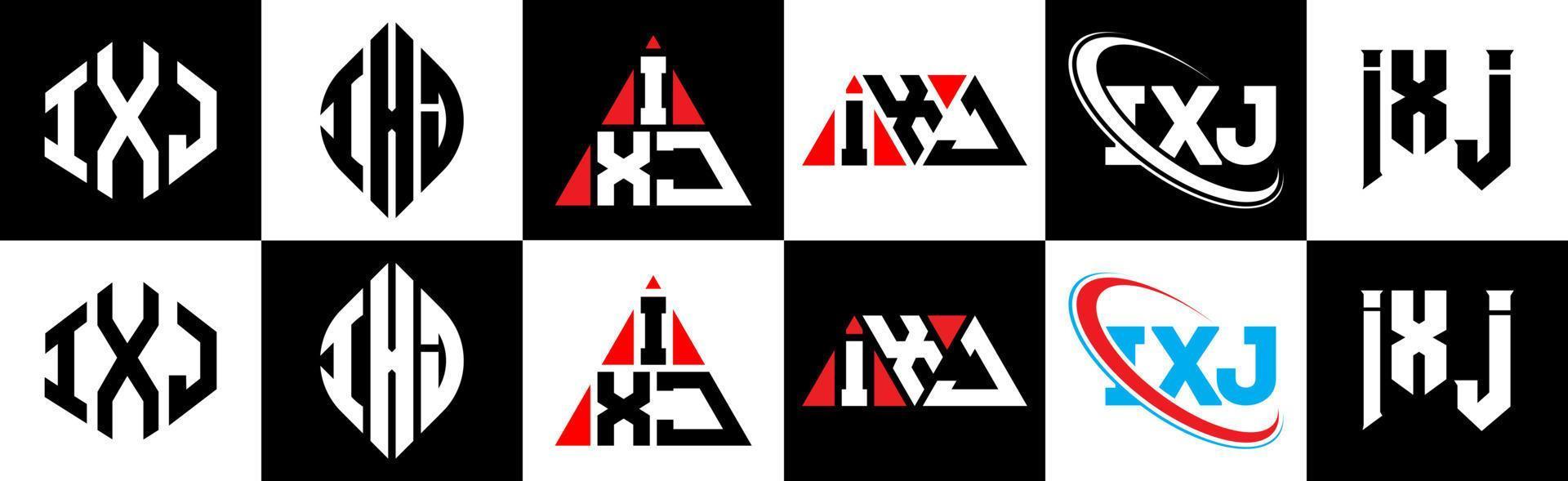 ixj-Buchstaben-Logo-Design in sechs Stilen. ixj polygon, kreis, dreieck, sechseck, flacher und einfacher stil mit schwarz-weißem buchstabenlogo in einer zeichenfläche. ixj minimalistisches und klassisches Logo vektor