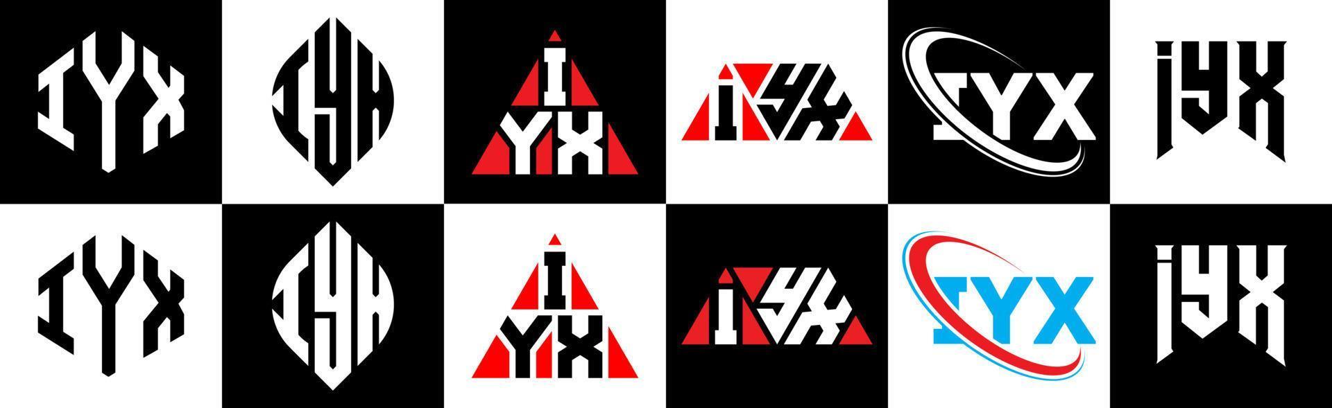 iyx-Buchstaben-Logo-Design in sechs Stilen. iyx-Polygon, Kreis, Dreieck, Sechseck, flacher und einfacher Stil mit schwarz-weißem Buchstabenlogo in einer Zeichenfläche. Iyx minimalistisches und klassisches Logo vektor