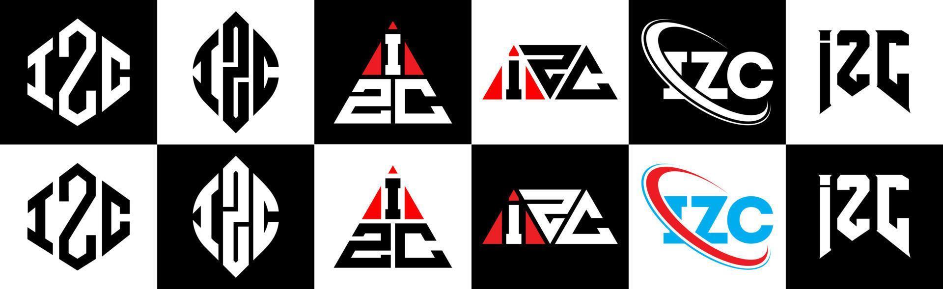 izc-Buchstaben-Logo-Design in sechs Stilen. izc polygon, kreis, dreieck, sechseck, flacher und einfacher stil mit schwarz-weißem buchstabenlogo in einer zeichenfläche. Izc minimalistisches und klassisches Logo vektor