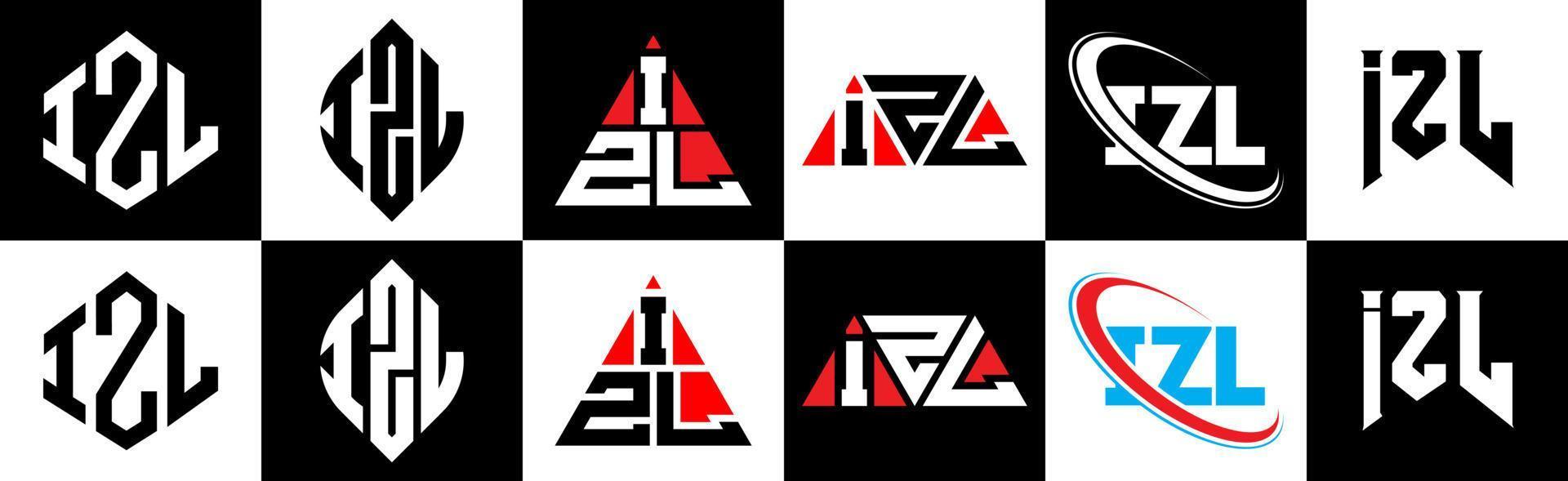 Izl-Buchstaben-Logo-Design in sechs Stilen. izl polygon, kreis, dreieck, sechseck, flacher und einfacher stil mit schwarz-weißem buchstabenlogo in einer zeichenfläche. Izl minimalistisches und klassisches Logo vektor