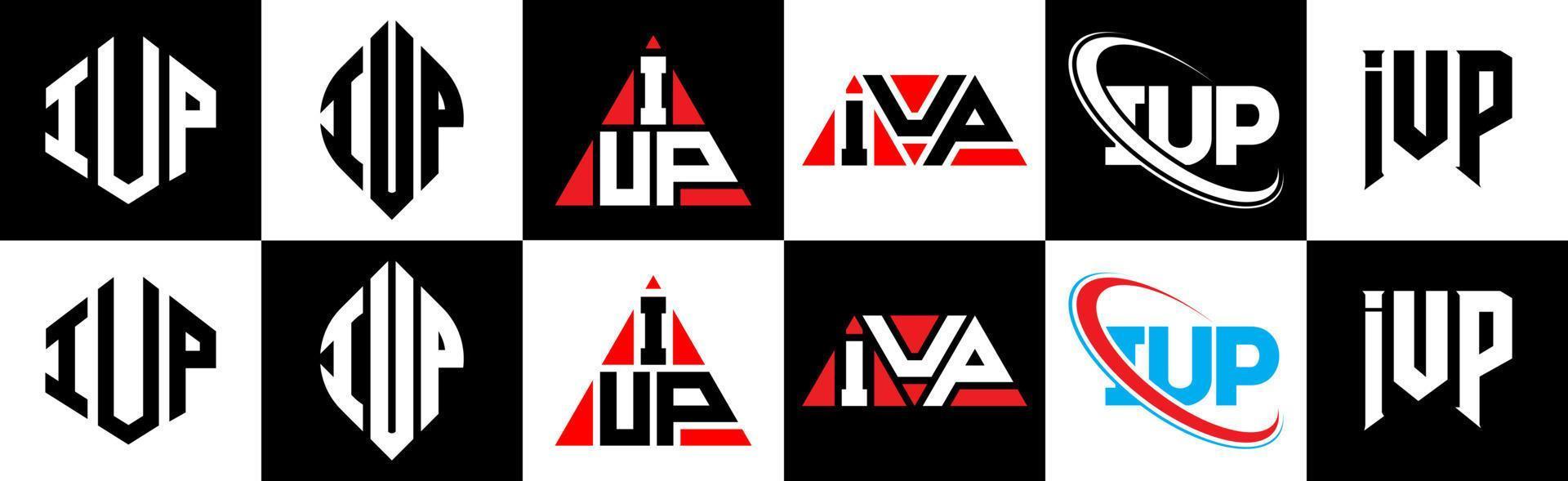 iup-Buchstaben-Logo-Design in sechs Stilen. iup-Polygon, Kreis, Dreieck, Sechseck, flacher und einfacher Stil mit schwarz-weißem Buchstabenlogo in einer Zeichenfläche. IUP minimalistisches und klassisches Logo vektor