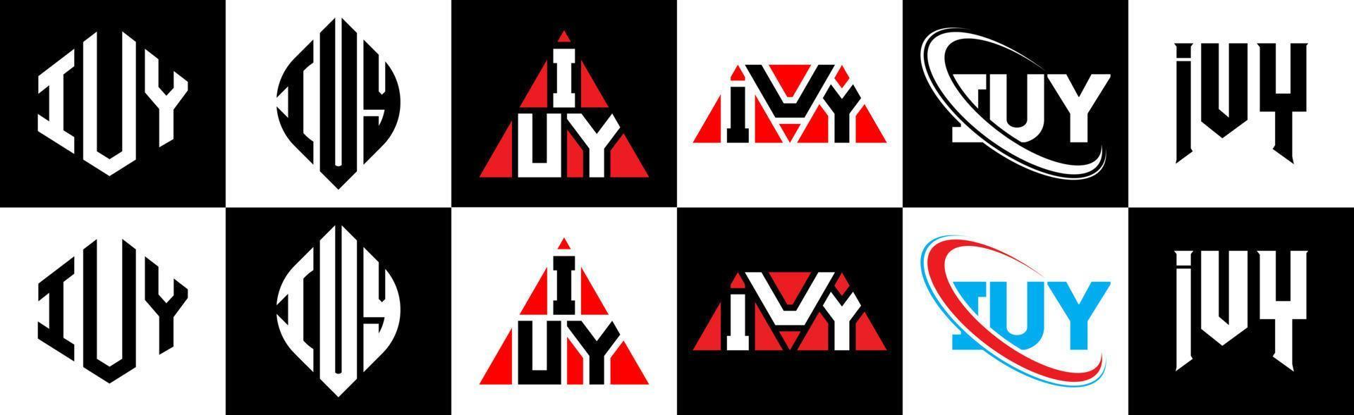 iuy brev logotyp design i sex stil. iuy polygon, cirkel, triangel, sexhörning, platt och enkel stil med svart och vit Färg variation brev logotyp uppsättning i ett rittavla. iuy minimalistisk och klassisk logotyp vektor