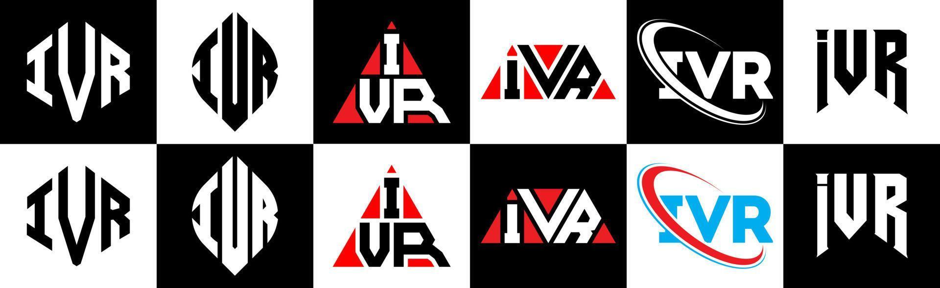 ivr-Buchstaben-Logo-Design in sechs Stilen. ivr polygon, kreis, dreieck, hexagon, flacher und einfacher stil mit schwarz-weißem buchstabenlogo in einer zeichenfläche. ivr minimalistisches und klassisches Logo vektor