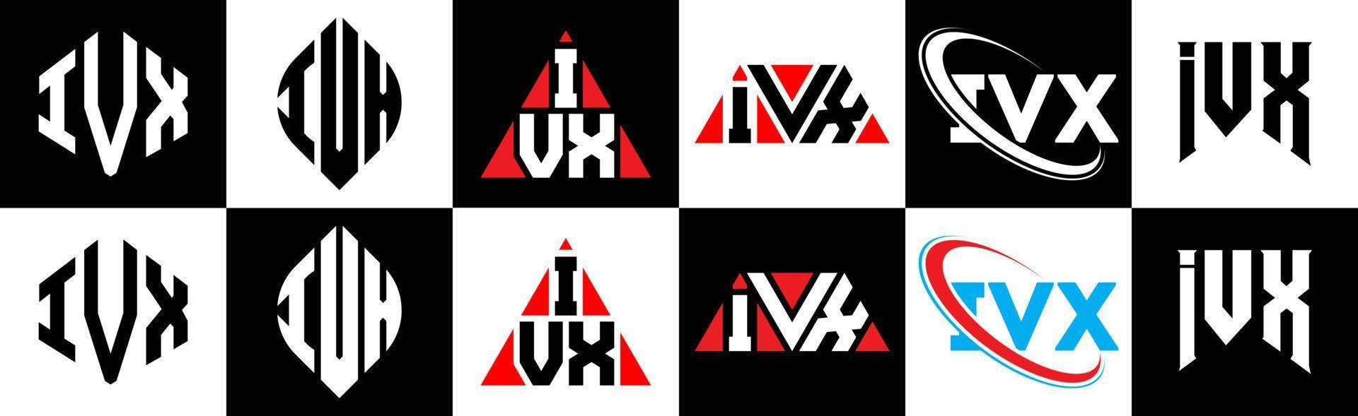 ivx brev logotyp design i sex stil. ivx polygon, cirkel, triangel, sexhörning, platt och enkel stil med svart och vit Färg variation brev logotyp uppsättning i ett rittavla. ivx minimalistisk och klassisk logotyp vektor