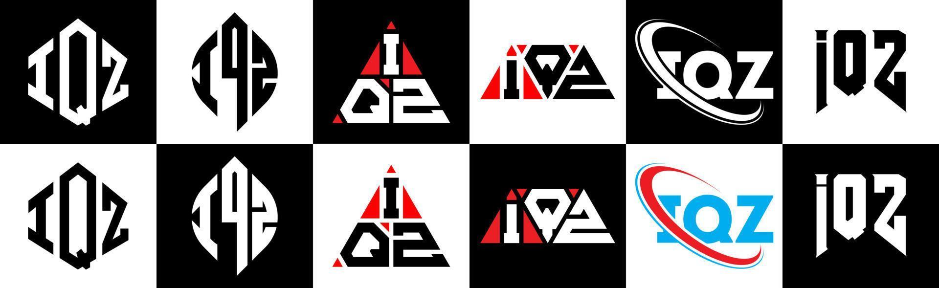 iqz brev logotyp design i sex stil. iqz polygon, cirkel, triangel, sexhörning, platt och enkel stil med svart och vit Färg variation brev logotyp uppsättning i ett rittavla. iqz minimalistisk och klassisk logotyp vektor