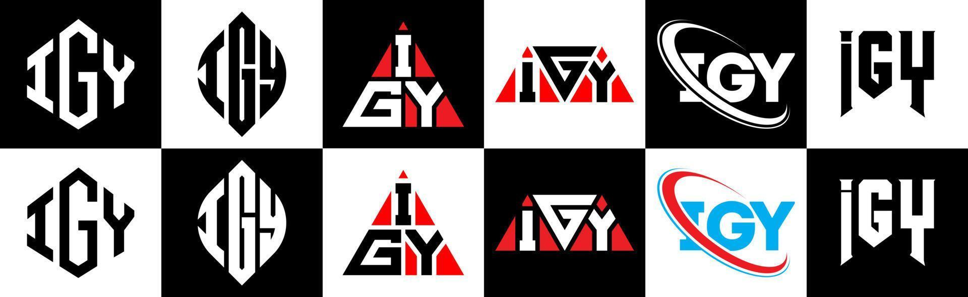 igy brev logotyp design i sex stil. igy polygon, cirkel, triangel, sexhörning, platt och enkel stil med svart och vit Färg variation brev logotyp uppsättning i ett rittavla. igy minimalistisk och klassisk logotyp vektor