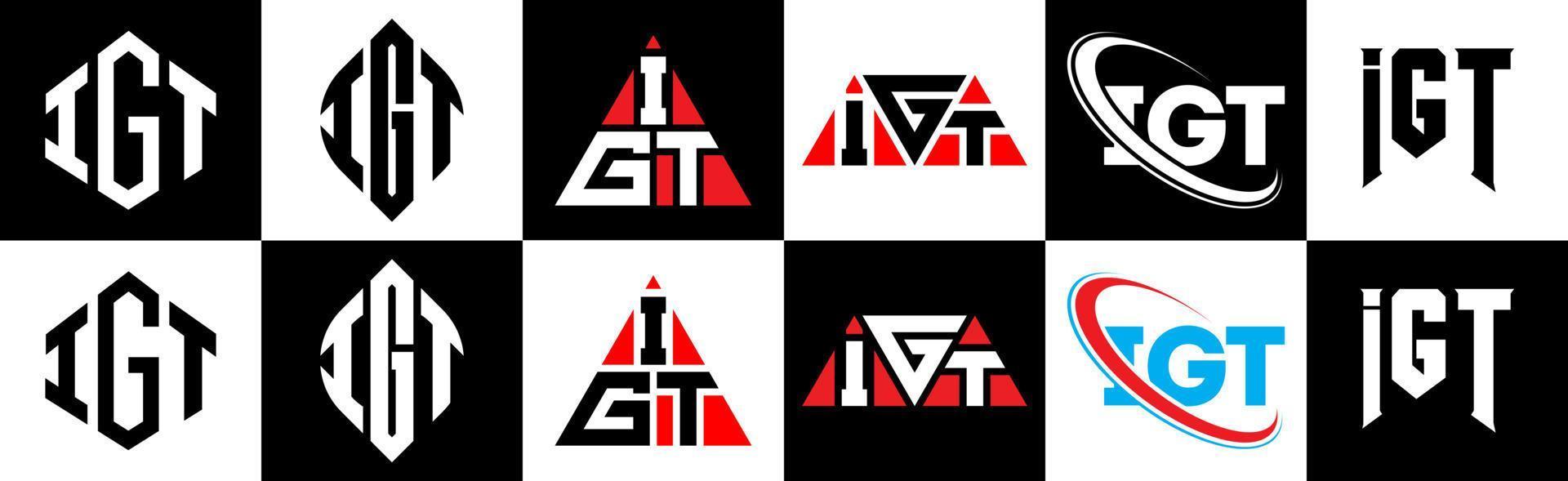 igt-Buchstaben-Logo-Design in sechs Stilen. igt Polygon, Kreis, Dreieck, Sechseck, flacher und einfacher Stil mit schwarz-weißem Buchstabenlogo in einer Zeichenfläche. igt minimalistisches und klassisches Logo vektor