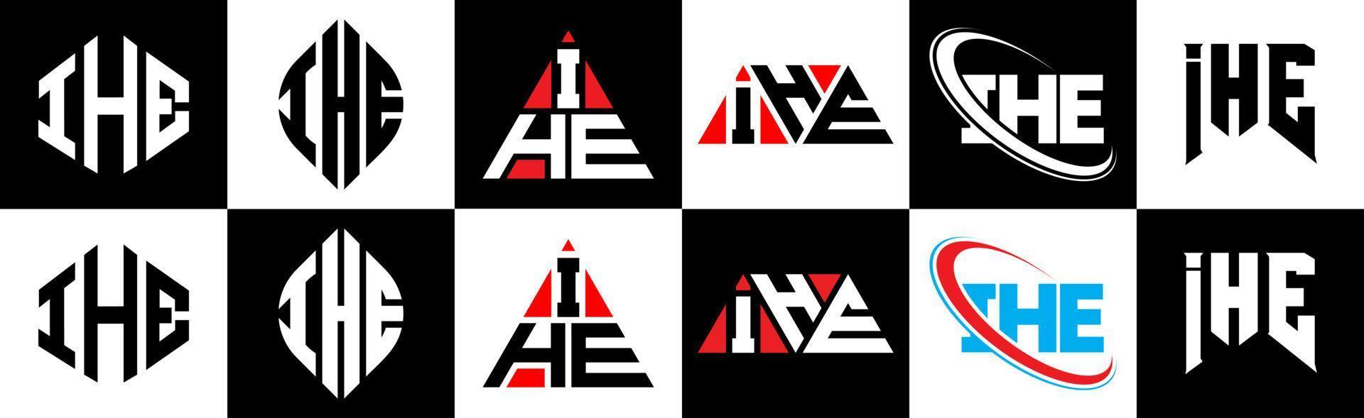 ihe brev logotyp design i sex stil. ihe polygon, cirkel, triangel, sexhörning, platt och enkel stil med svart och vit Färg variation brev logotyp uppsättning i ett rittavla. ihe minimalistisk och klassisk logotyp vektor