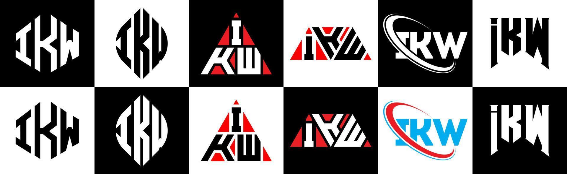 Ikw-Buchstaben-Logo-Design in sechs Stilen. ikw polygon, kreis, dreieck, sechseck, flacher und einfacher stil mit schwarz-weißem buchstabenlogo in einer zeichenfläche. ikw minimalistisches und klassisches Logo vektor