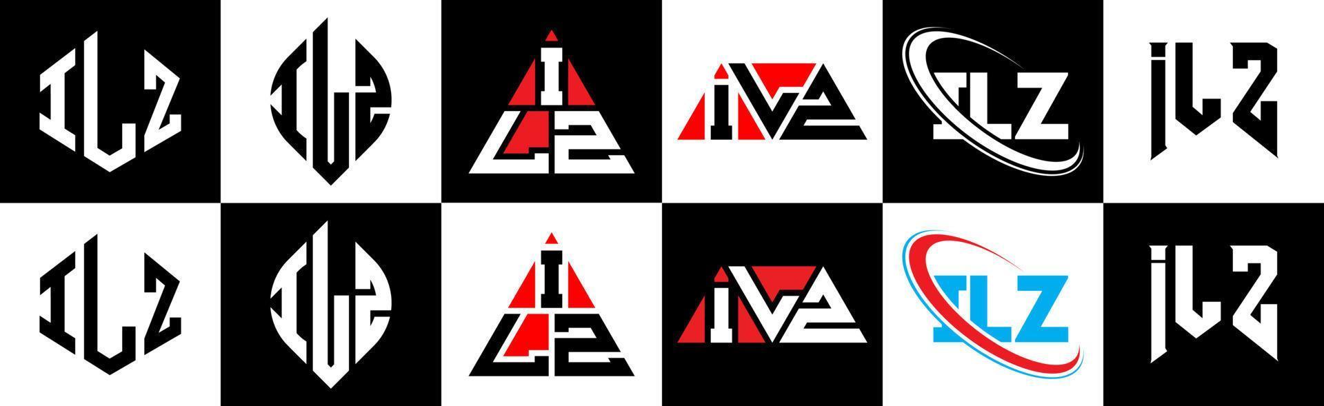 ilz brev logotyp design i sex stil. ilz polygon, cirkel, triangel, sexhörning, platt och enkel stil med svart och vit Färg variation brev logotyp uppsättning i ett rittavla. ilz minimalistisk och klassisk logotyp vektor