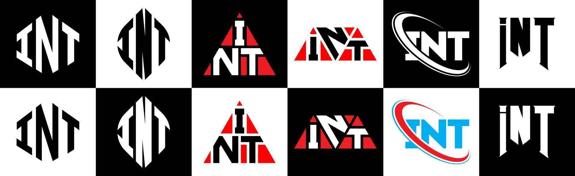 int-Buchstaben-Logo-Design in sechs Stilen. Int Polygon, Kreis, Dreieck, Sechseck, flacher und einfacher Stil mit schwarz-weißem Buchstabenlogo in einer Zeichenfläche. int minimalistisches und klassisches Logo vektor