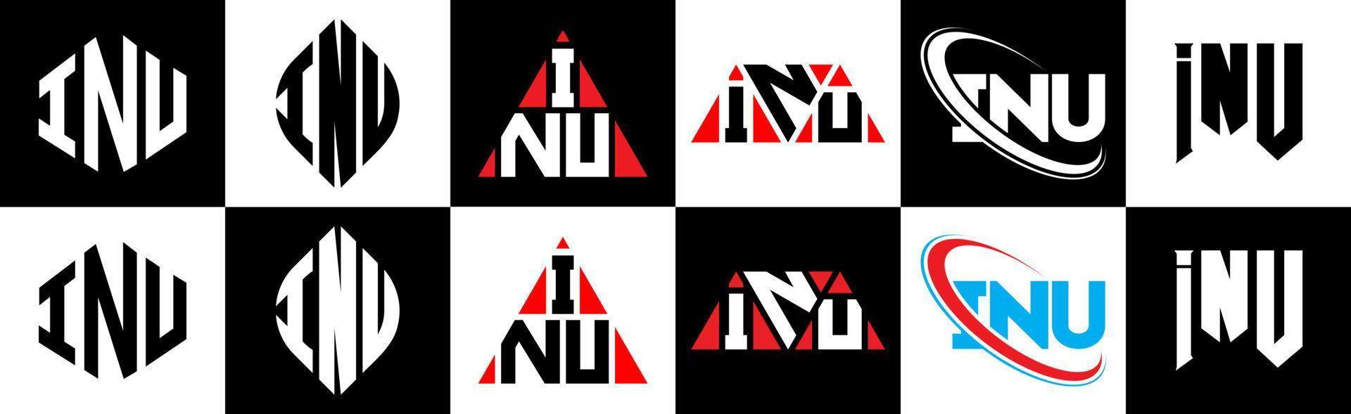 inu-Buchstaben-Logo-Design in sechs Stilen. Inu-Polygon, Kreis, Dreieck, Sechseck, flacher und einfacher Stil mit schwarz-weißem Buchstabenlogo in einer Zeichenfläche. inu minimalistisches und klassisches Logo vektor