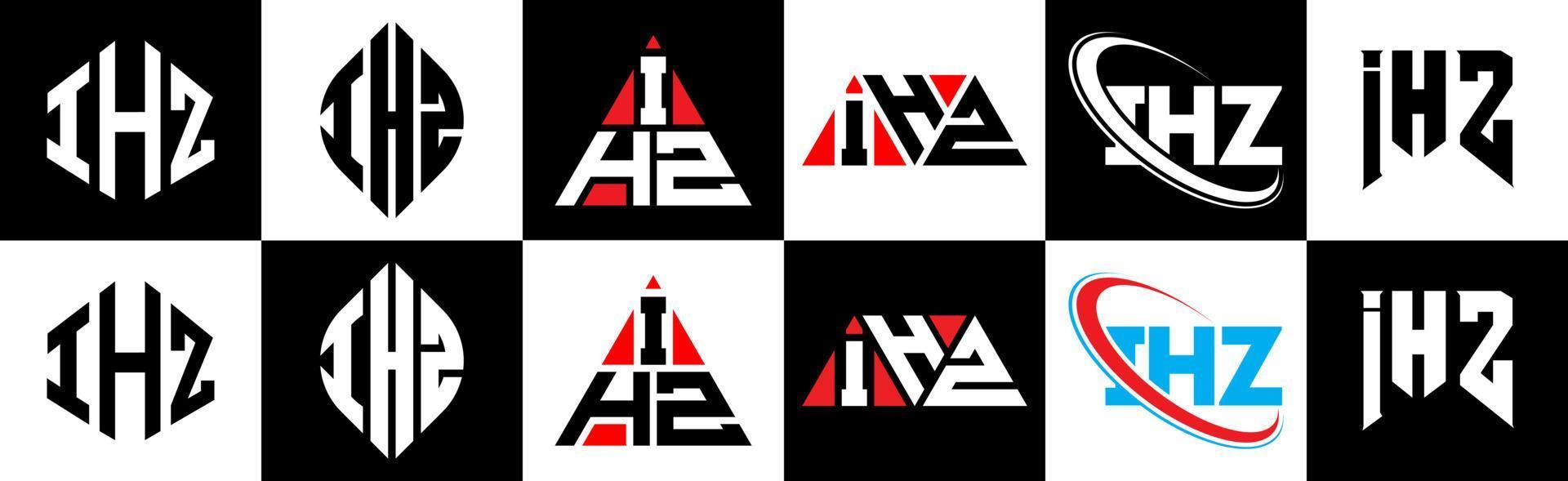 ihz-Buchstaben-Logo-Design in sechs Stilen. ihz polygon, kreis, dreieck, hexagon, flacher und einfacher stil mit schwarz-weißem buchstabenlogo in einer zeichenfläche. ihz minimalistisches und klassisches Logo vektor