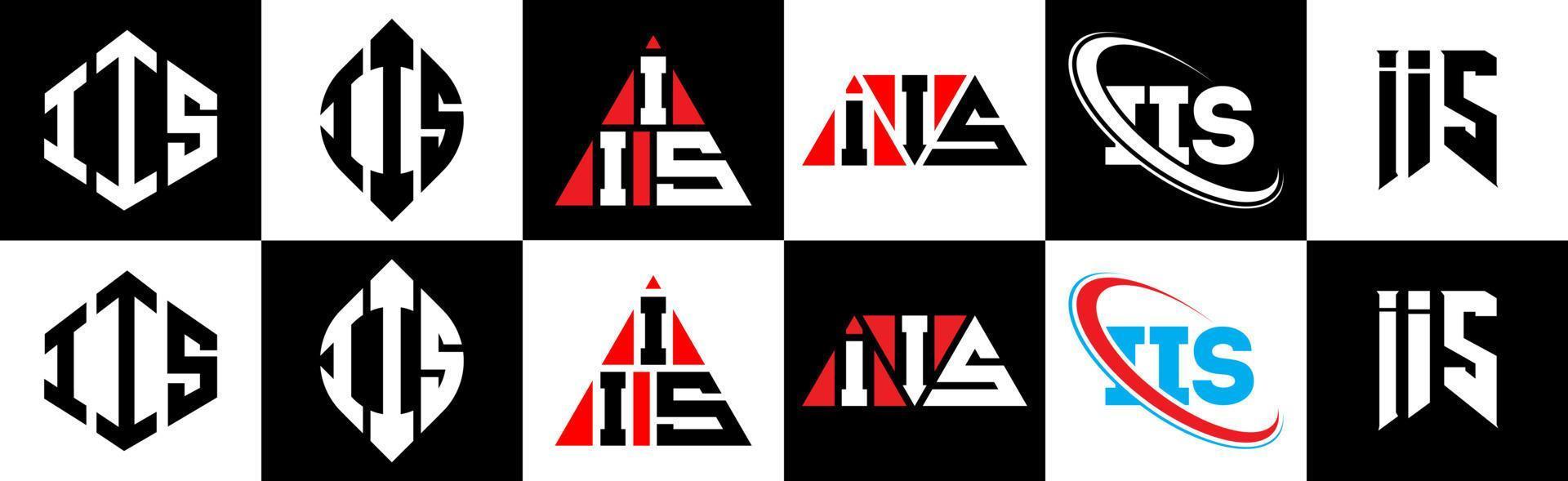 iis-Buchstaben-Logo-Design in sechs Stilen. iis polygon, kreis, dreieck, sechseck, flacher und einfacher stil mit schwarz-weißem buchstabenlogo in einer zeichenfläche. iis minimalistisches und klassisches Logo vektor