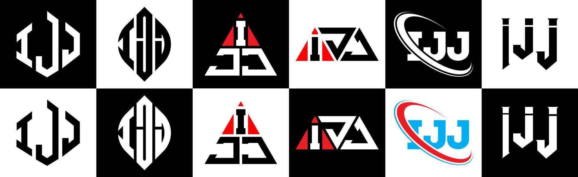 ijj brev logotyp design i sex stil. ijj polygon, cirkel, triangel, sexhörning, platt och enkel stil med svart och vit Färg variation brev logotyp uppsättning i ett rittavla. ijj minimalistisk och klassisk logotyp vektor