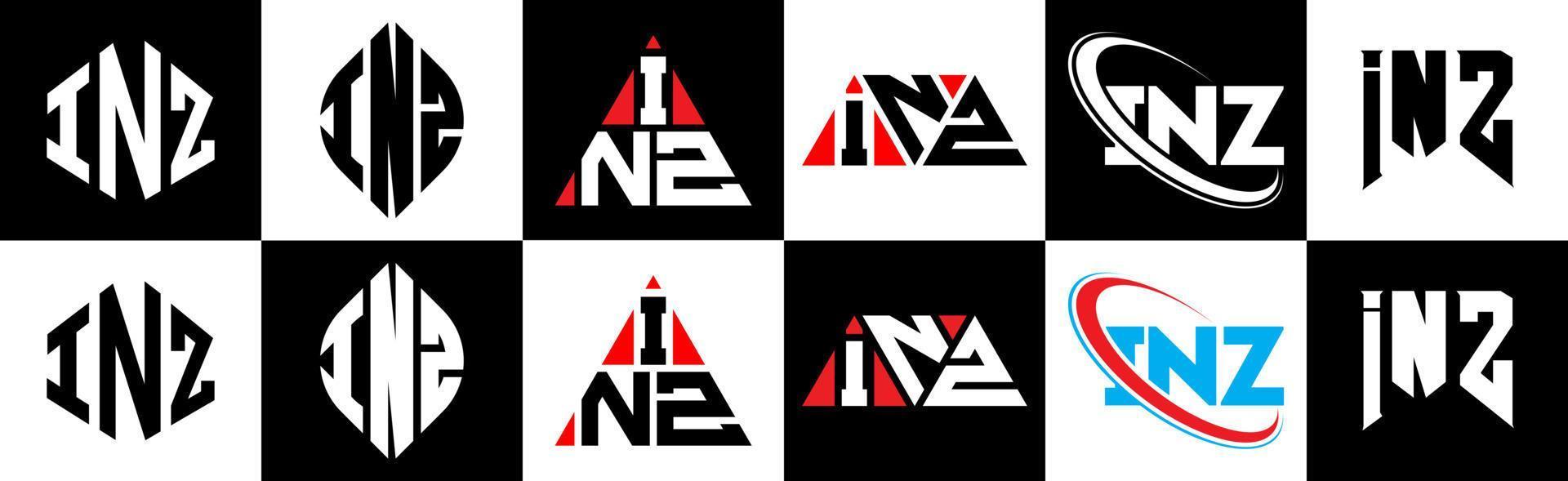 inz brev logotyp design i sex stil. inz polygon, cirkel, triangel, sexhörning, platt och enkel stil med svart och vit Färg variation brev logotyp uppsättning i ett rittavla. inz minimalistisk och klassisk logotyp vektor