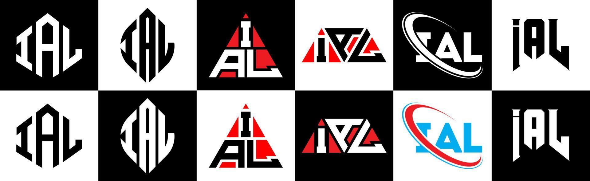 ial brev logotyp design i sex stil. ial polygon, cirkel, triangel, sexhörning, platt och enkel stil med svart och vit Färg variation brev logotyp uppsättning i ett rittavla. ial minimalistisk och klassisk logotyp vektor