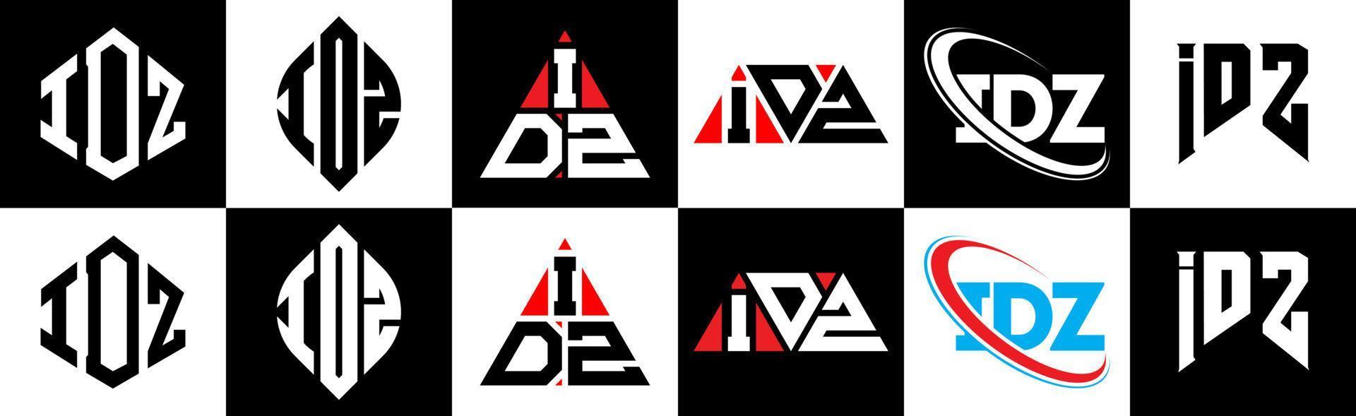 idz-Buchstaben-Logo-Design in sechs Stilen. idz polygon, kreis, dreieck, hexagon, flacher und einfacher stil mit schwarz-weißem buchstabenlogo in einer zeichenfläche. Idz minimalistisches und klassisches Logo vektor
