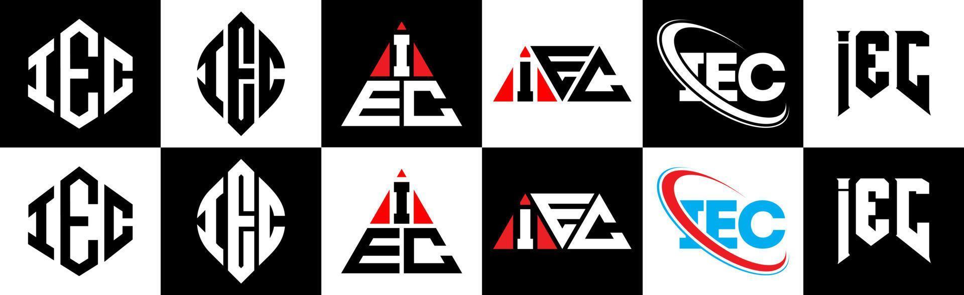 iec-Buchstaben-Logo-Design in sechs Stilen. iec polygon, kreis, dreieck, hexagon, flacher und einfacher stil mit schwarz-weißem buchstabenlogo in einer zeichenfläche. Iec minimalistisches und klassisches Logo vektor