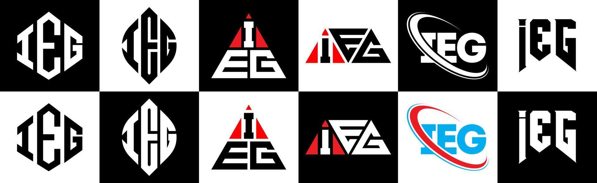 ieg-Buchstaben-Logo-Design in sechs Stilen. dh Polygon, Kreis, Dreieck, Sechseck, flacher und einfacher Stil mit schwarz-weißem Buchstabenlogo in einer Zeichenfläche. dh minimalistisches und klassisches Logo vektor