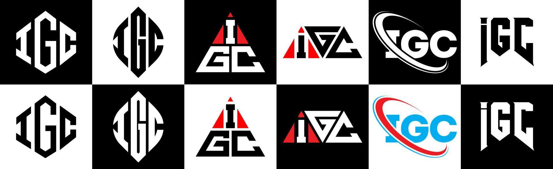 igc brev logotyp design i sex stil. igc polygon, cirkel, triangel, sexhörning, platt och enkel stil med svart och vit Färg variation brev logotyp uppsättning i ett rittavla. igc minimalistisk och klassisk logotyp vektor