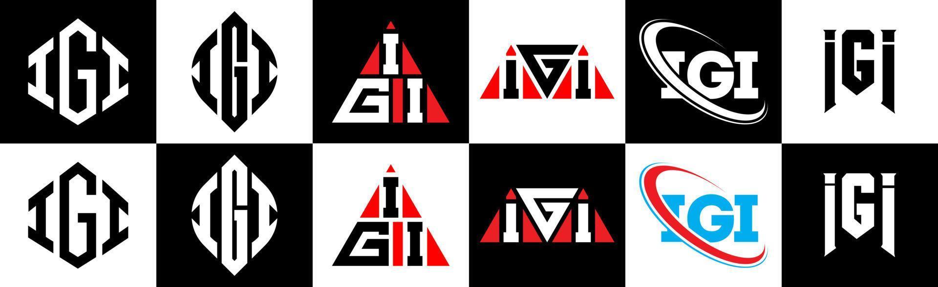 igi brev logotyp design i sex stil. igi polygon, cirkel, triangel, sexhörning, platt och enkel stil med svart och vit Färg variation brev logotyp uppsättning i ett rittavla. igi minimalistisk och klassisk logotyp vektor