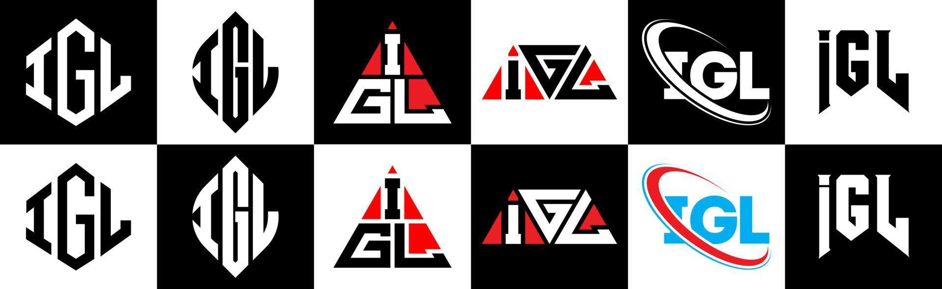 Igl-Buchstaben-Logo-Design in sechs Stilen. igl polygon, kreis, dreieck, hexagon, flacher und einfacher stil mit schwarz-weißem buchstabenlogo in einer zeichenfläche. igl minimalistisches und klassisches Logo vektor