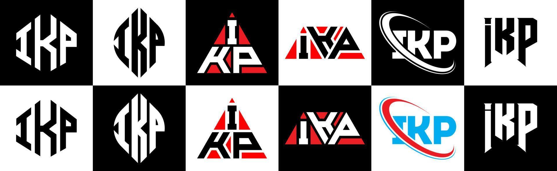 ikp brev logotyp design i sex stil. ikp polygon, cirkel, triangel, sexhörning, platt och enkel stil med svart och vit Färg variation brev logotyp uppsättning i ett rittavla. ikp minimalistisk och klassisk logotyp vektor