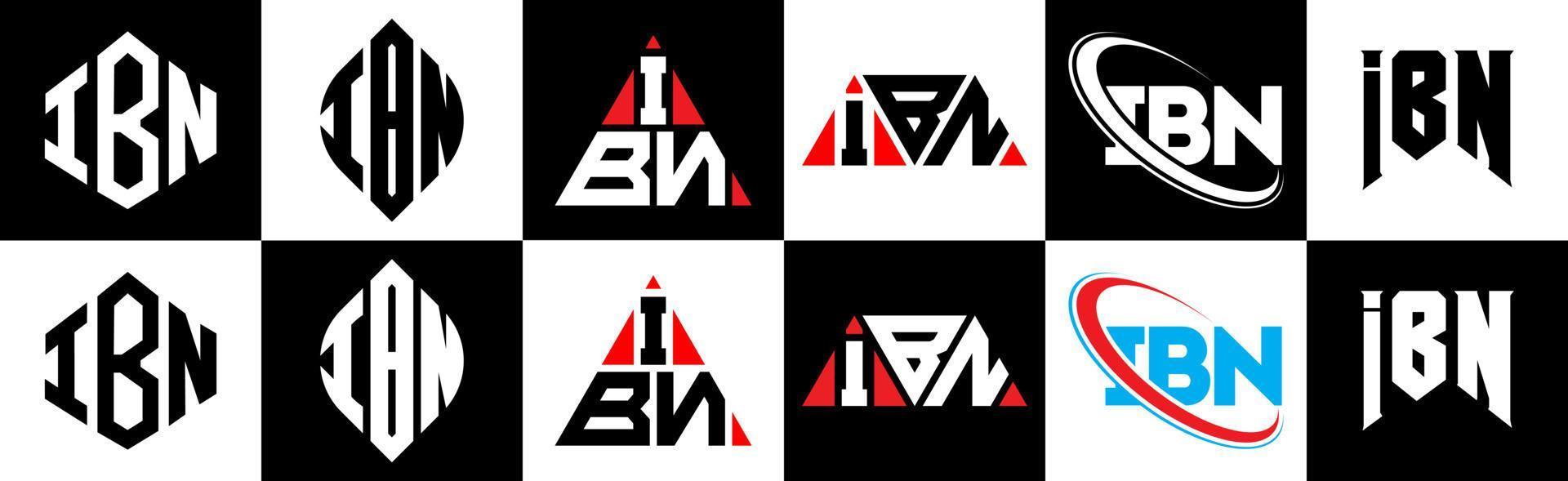 ibn brev logotyp design i sex stil. ibn polygon, cirkel, triangel, sexhörning, platt och enkel stil med svart och vit Färg variation brev logotyp uppsättning i ett rittavla. ibn minimalistisk och klassisk logotyp vektor