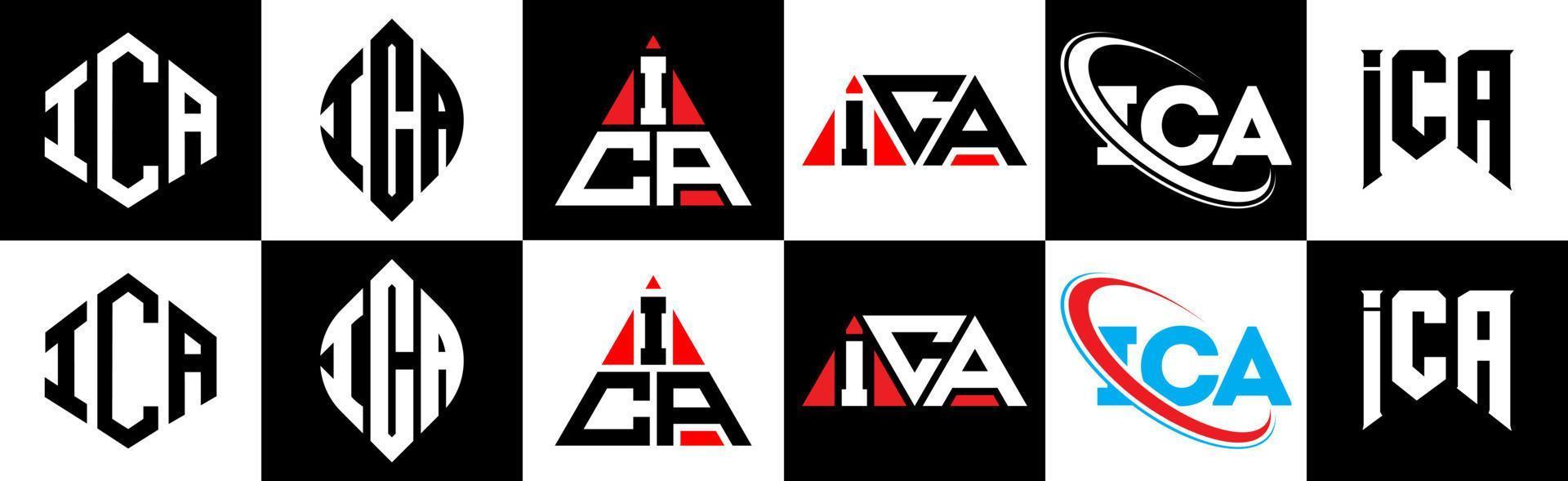 ica brev logotyp design i sex stil. ica polygon, cirkel, triangel, sexhörning, platt och enkel stil med svart och vit Färg variation brev logotyp uppsättning i ett rittavla. ica minimalistisk och klassisk logotyp vektor