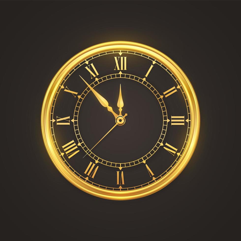 gyllene glänsande klocka med romerska siffror vektor