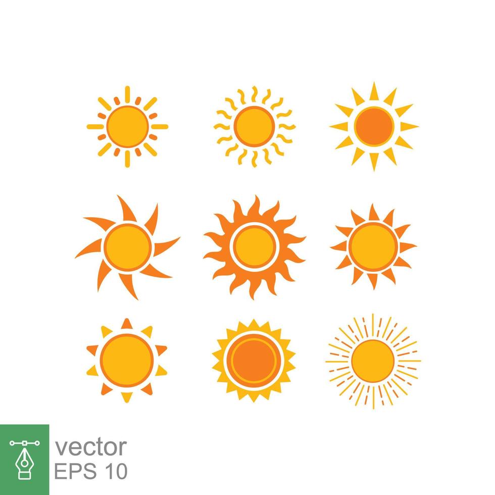 Sonne-Icon-Set. einfacher flacher Stil. sonnenschein, morgen sonnig, sonnenaufgang, sonnenlicht, himmel, sommerkonzept. Sammlung gelber Sonnensternikonen. Vektorillustrationsdesign lokalisiert auf weißem Hintergrund. Folge 10. vektor