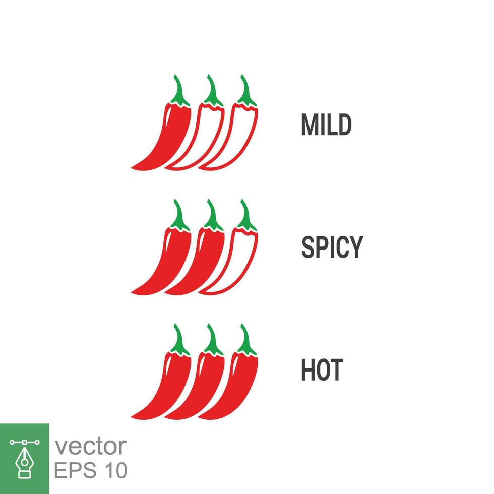 kryddad chili ikon. röd kryddad chili peppar nivå etiketter. kryddad mat mild och extra varm sås. vektor illustration design isolerat på vit bakgrund. eps 10.