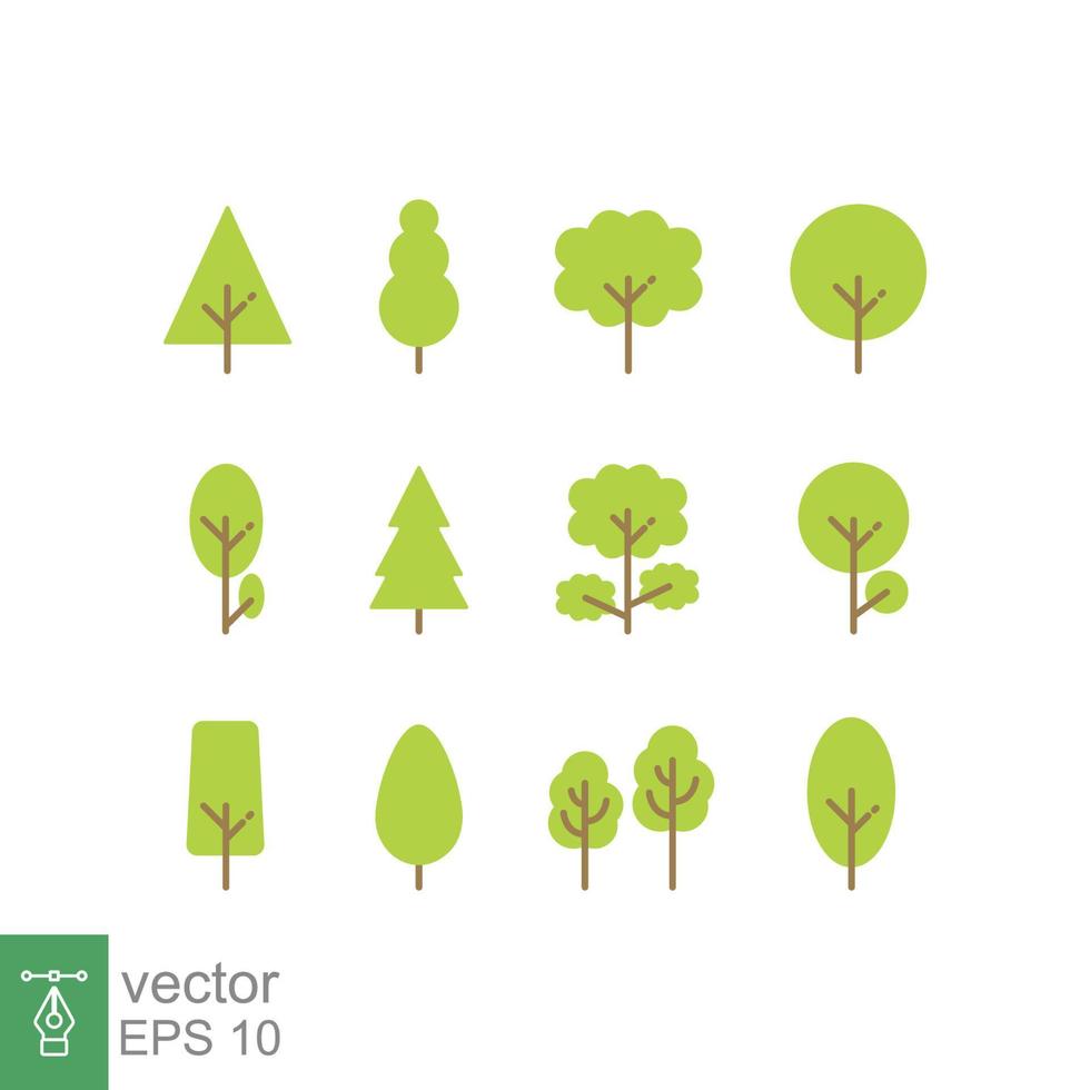 Baum-Icon-Set. einfacher flacher Stil. wald baum natur pflanze isoliert öko laub. grünes Blatt Cartoon Baumsilhouette, Kiefernform, Ast, Stamm, Umweltkonzept. Vektor-Illustration-Design eps 10. vektor