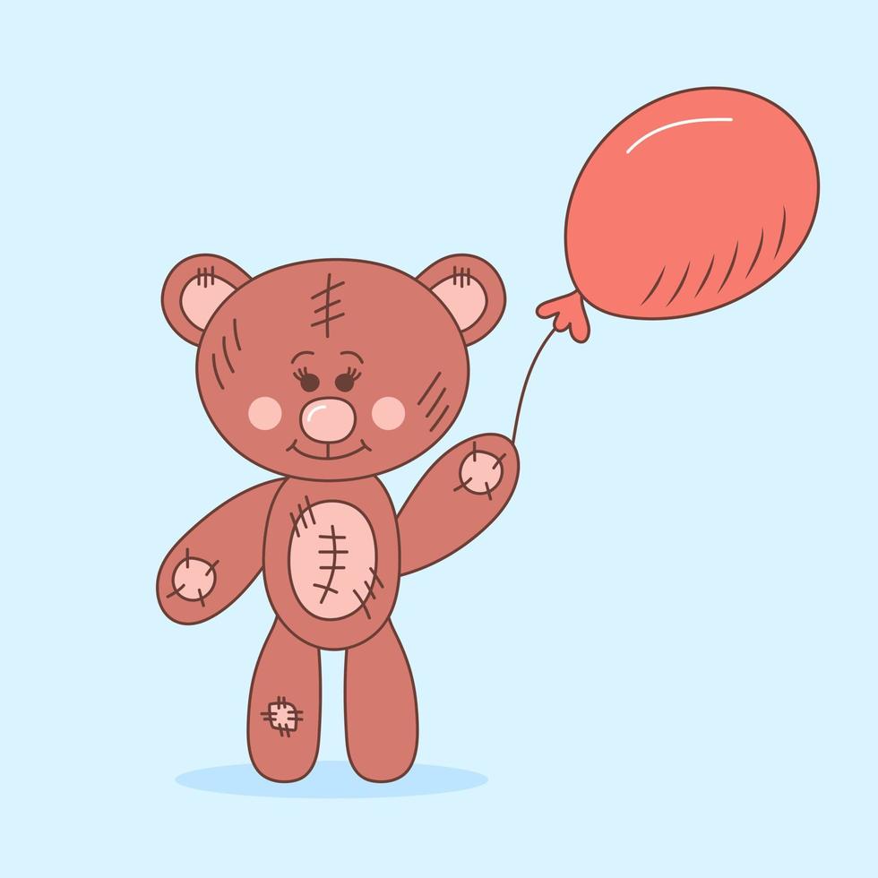 söt teddy Björn med ballong. plysch leksak. hand dragen klotter illustration. vektor